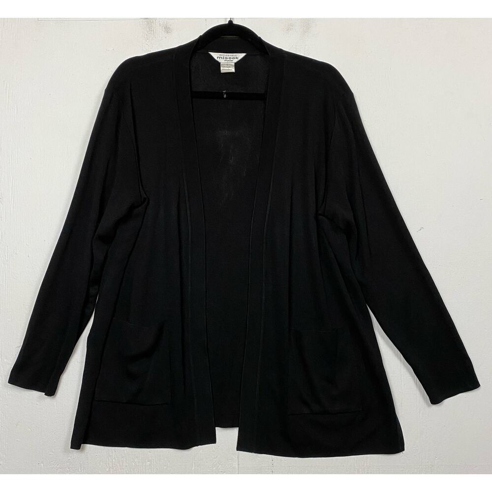 Misook Black Slinky Knit Open Front Cardigan Sweater Size Large Petite